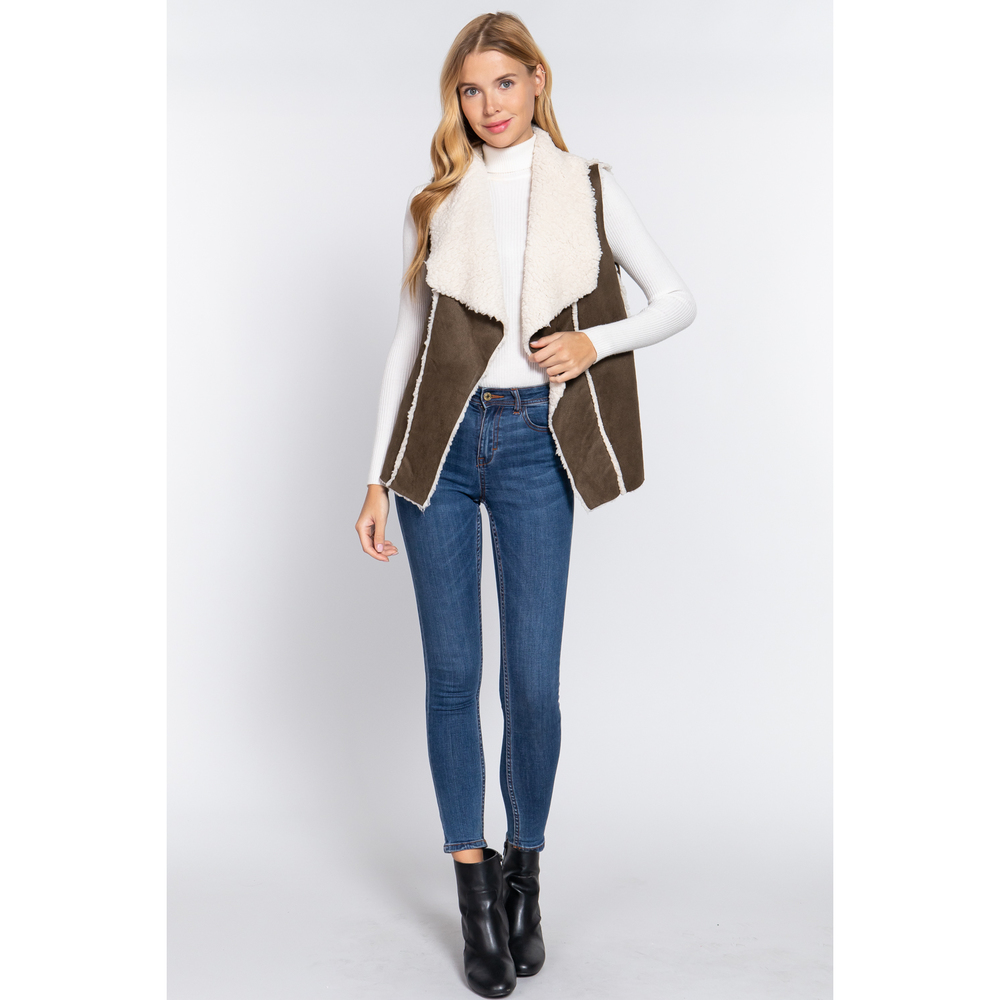 Shawl Faux Suede Fur Bonded Vest - Picture 2 of 8